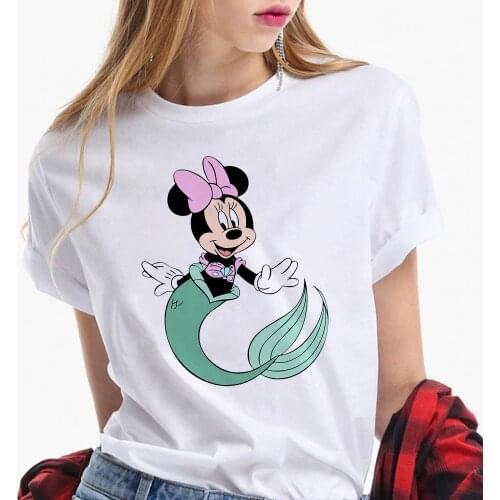 Minnie Mickey Mouse T Shirts The Little Mermaid Funny Spoof Disney T Shirt Women Summer White Loose Harajuku Cartoon Tops Tee