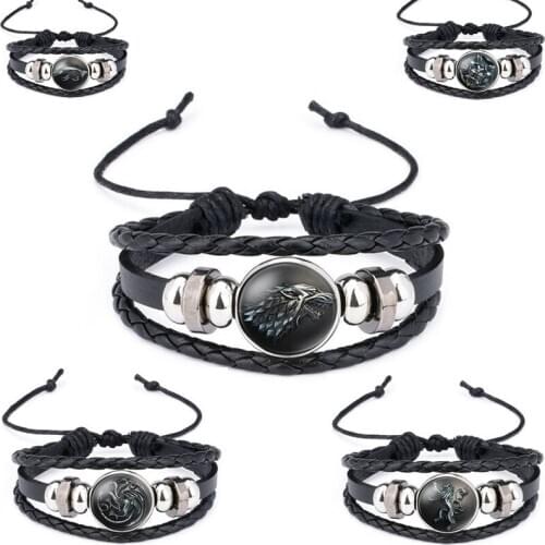 Hot Movie House Stark Leather Bracelet Multilayer Casual Fashion Braided Bead bracelets For Girl Gifts Wholesale