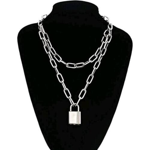 Grunge Punk 90s Link Chain Silver Color Padlock Pendant Statement Necklace Layer Lock Chain Necklace for Women Men Jewelry