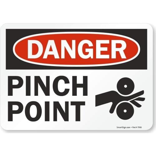 U91981ND7x10 Adhesive Vinyl OSHA Safety Sign, Legend "Danger: Pinch Point", 7" high x8" wide, Black/Red on