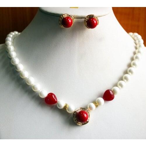 Hot sell free shipping ~~ wedding jewelry set charm 8mm white pearl necklace dotted with red match 14mm red pearl earring j