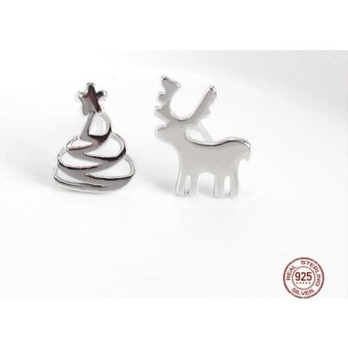 LKO 925 Sterling Silver Christmas Tree Elk Asymmetrical Christmasday Gifts Unique Earrings For Women Girl Gift Ear Jewelry