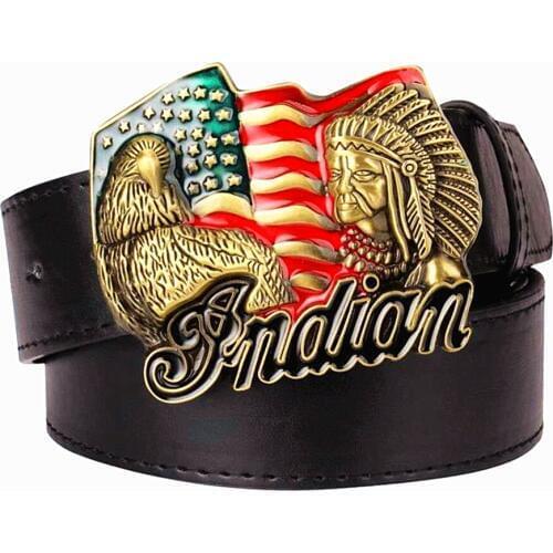 Mens leather belt metal buckle American flag retro big head Indian chief western style belt hip hop Street Dance belt