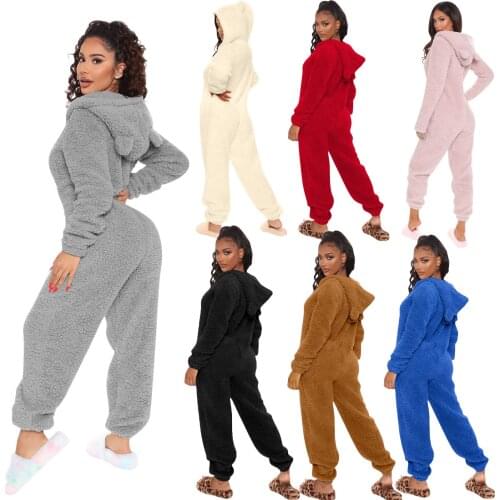 New Fashion Womens Sleeping Plush Romper, Solid Jumpsuit, Elastic Home Zipper Long Sleeve Cartoon Animal Ears Hat Sleepwear