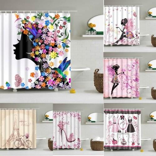 Flower Butterfly Girl Shower Curtain Waterproof Bathroom Curtains Lovely Flower Fairy Bath Curtains Home Decor with 12pcs Hooks