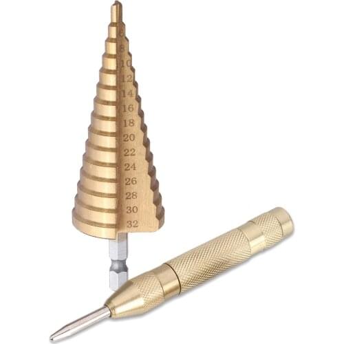 4-32mm Titanuim Coated HSS Step Drill Bit with Automatic Center Pin Punch Drill Bit Tool Sets Kits Drill Bits For Woodworking