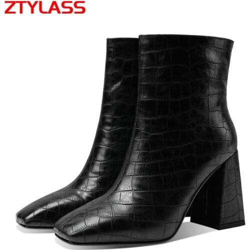 Black White Brown Women Ankle Boots Fashion Slip On Square Toe Stone Print Short Boots Ladies Autumn Winter Thick Heel Shoes