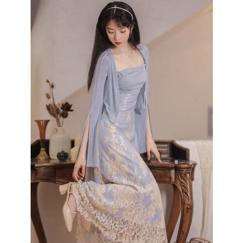 High Sense Women Two Piece Set Blue Long Sleeved Chic Slit Gentle Blouse+Sexy Hollow Back Square Collar Print Lace Sling Dress