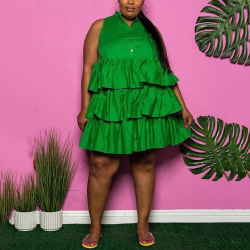 Plus Size Dresses for Womens 4XL 5XL Solid Sleeveless Single Breasted Ruffles High Waistedd Knee Length Fashion Evening Dress