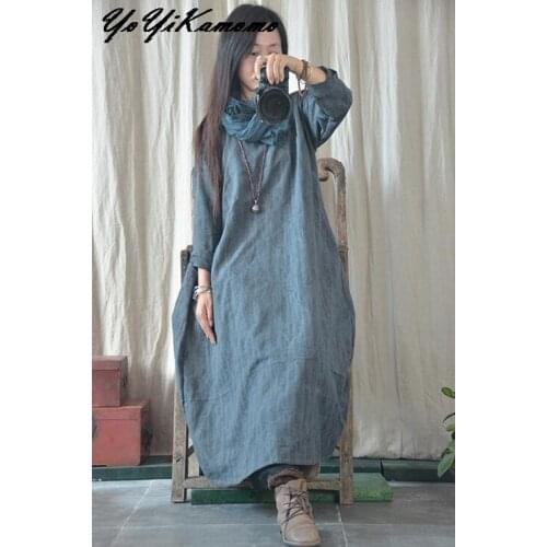 YoYiKamomo Cotton Linen Women Dress 2017 Maxi Autumn Spring Autumn Original Vintage Solid Color Brief Loose Women Robe