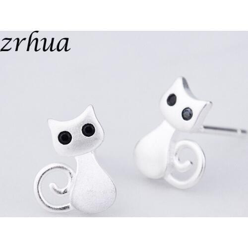 ZRHUA Silver Color Cute Cat Stud Earrings For Women Fashion Delicate High Quality jewelry Gift Romantic Lovely