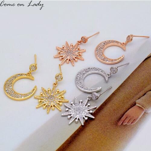 3 Color 925 Sterling Sliver Needle Full AAAA CZ Sun Moon Star Crescent Rhinestone Stud Earrings For Women Er086