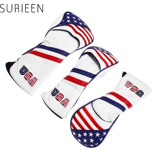 3 Pcs PU Golf Wood Headcover With USA Stars & Stripes Flag Style For 1 Golf Driver Cover 2 Fairway Club Head Covers Protect Set