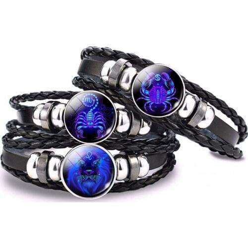 12 Zodiac Sign Bracelet Scorpio Leo Black Leather Bracelets Bangles Men Women Punk Jewelry Couple Gift Constellation Bracelet