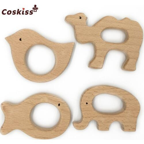DIY Baby Teether Toys Organic Natural Beech Wooden Elephant-Bird-Fish-Camel Hand Cut Toys Baby Wooden Teether Gift