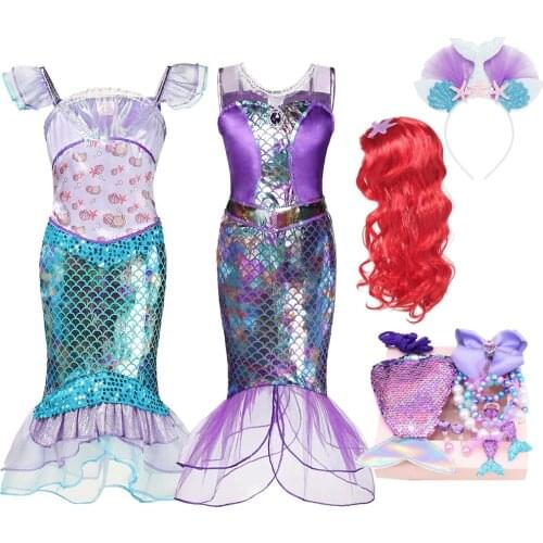 Kids Girls Princess Ariell Dress Mermaid Costume Sleeveless Ruffle Mesh Dress Hair Hoop Wig Set Children Christmas Party Dress