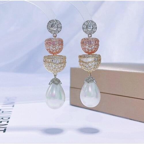 EYER New Arrivals Luxury three color water drop pearl tassel fashion dangle earrings for women wedding party dating jewelry