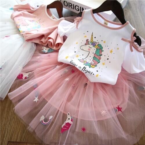 New Summer Kids Girls Clothing Unicorn Printed Short-sleeved Dress Sets Kid Girls Summer T-shirt + Fluffy Dress Suit Clothes
