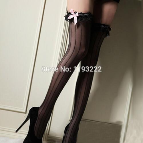 Punk Goth Cosplay Maid Sexy Striped Slim Sheer Bow Bowknot Lace Top Thigh High Lingerie Stocking