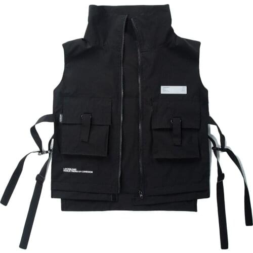 Cargo Jackets Mens Hip Hop Multi-Pockets Tactical Coats Streetwear Harajuku Full Zip Up Track Jacket Coats Vest Outwear