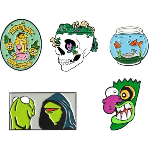 Summer Fresh Collection Enamel Pins Skull Frog Fish Tank Brooches Clothes Cowardly Dog Badge for Bag Lapel Fashion Jewelry
