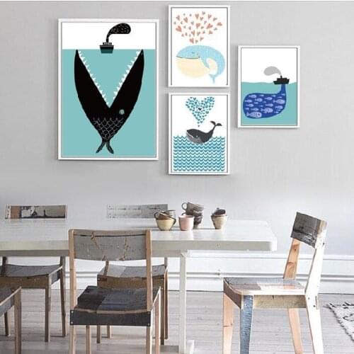 Cartoon Animal Canvas Painting Whale Nordic Poster Wall Art Picture for Nursery Kids Bedroom Living Room Home Decor