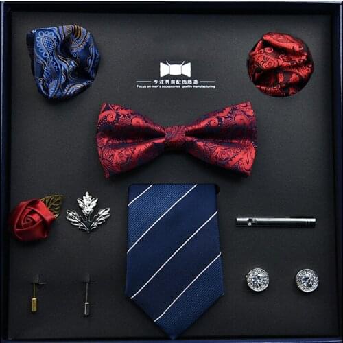 Mens Tie Bow Tie Square Scarf 8-piece Gift Box Set Boyfriend Leader Gift Polyester Plaid 1200 Stitches In Stock Gifts for Men