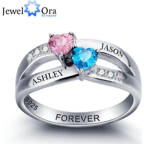 Personalized Engrave Birthstone Couple Heart 925 Sterling Silver Love Promise Wedding Ring Free Gift Box (JewelOra RI102000)