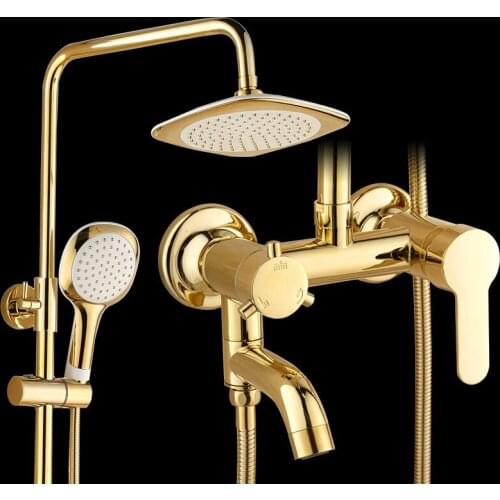 Luxury Gold Copper Shower Set Bathroom Faucet Mixer Tap Wall Mount Hand Held Shower Head Bathtub Spout Shower Faucet Shower Set