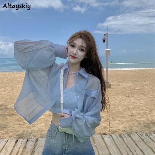 Shirts Women Fashion Summer Sunroof Crop Tops Solid Loose Design All-math Single Breasted Korean Style Shirring Long Sleeve Chic