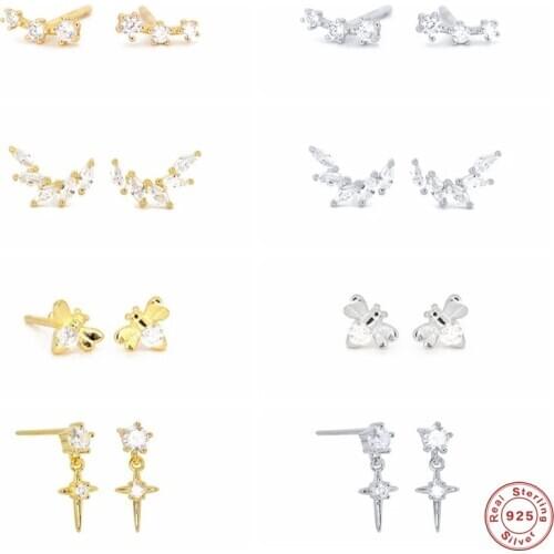 GS 925 Sterling Silver European Style 18k Gold Plated Zircon Line Stud Earrings For Women Leaf Branch Crystal Earring Jewelry