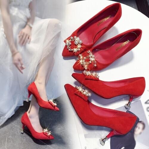Womens High Heels with Appliques, Chinese Style Red Wedding Shoes for Bride and Bridesmaid