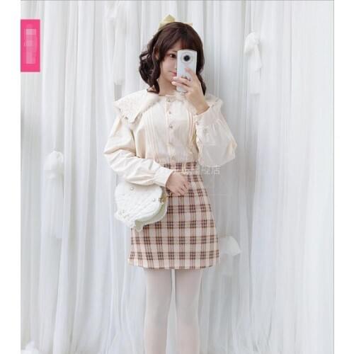 Japanese sweet plaid skirt retro plaid high waist slim suede A-Line Lolita half body Cos Loli skirt