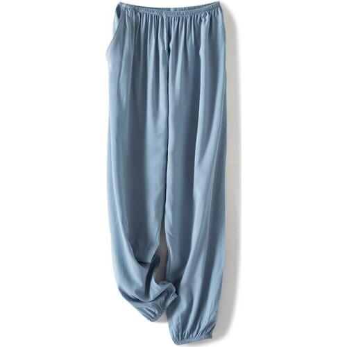 Women Spring Autumn New Sleepwear Pants Noil Poplin Pant Casual Lake Blue Trousers Simple Loose Home Clothes M-XL Nightwear