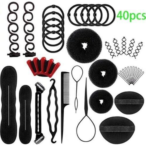40Pcs/Set Women DIY Hair Styling Accessories Kit Magic Donut Bun Maker Hairpins Ties Fast Twist Modelling Hairdress Braid Tools