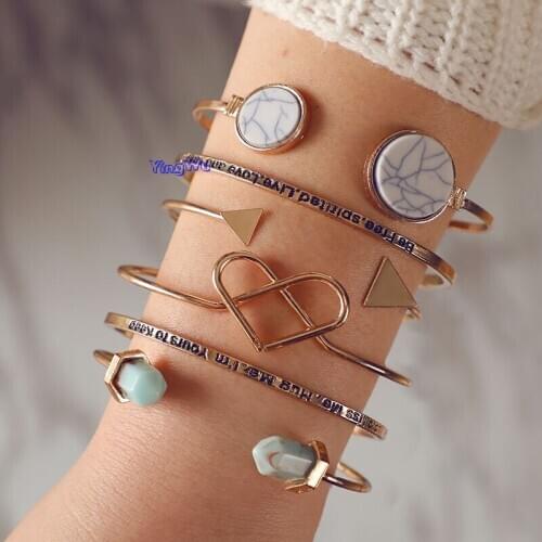 6pcs/sets New Arrival Bohemia Bangles Gold Color Hollow Heart Letter Geometric Hard Opearl For Women Party Jewelry