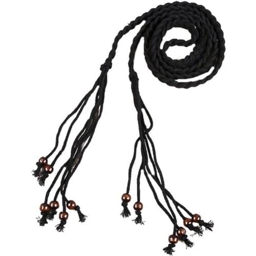 Women Belt Vintage Self Tie Handmade Braided Wooden Bead Women Belt Waist Strap Waistband