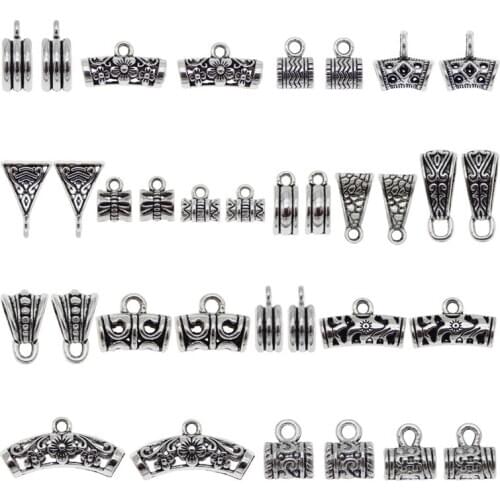 Julie Wang 20/34PCS Bail Beads Charms Antique Silver Color Tube Spacer Bead European Bracelet Pendant Jewelry Making Accessory