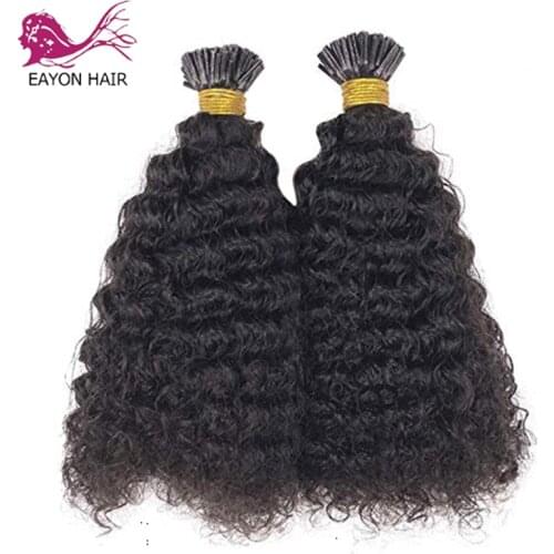 EAYON Curly I Tip Human Hair Extension Pre Bonded Brazilian Remy Stick I Tip Hair Microlinks Fusion Hair Black Brown 100strands