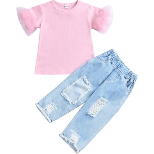 2Pcs Kid Girls Outfit Style Solid Color Mesh Splicing Short Sleeve Top + Ripped Long Denim Trousers Set