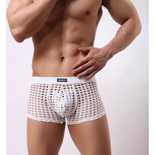 Fad Men Boxer Shorts Flat Foot Mens Underwear High Quality Sex Mesh Hollow-Out U Convex Design Low Waist Gay Club Sexy Panties