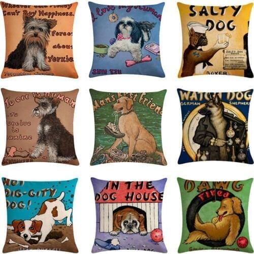 Vintage Cushion Cover Dog 45x45cm Cotton Linen Pillow Case Sausage Dogs Home Living Room Decor Poodle Throw Pillow Cover