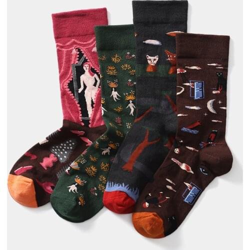 Novelty Creative Jacquard Cozy Combed Cotton Socks Women Men Funny Happy Streetwear Sports Casual Colorful Abstract Art Socks