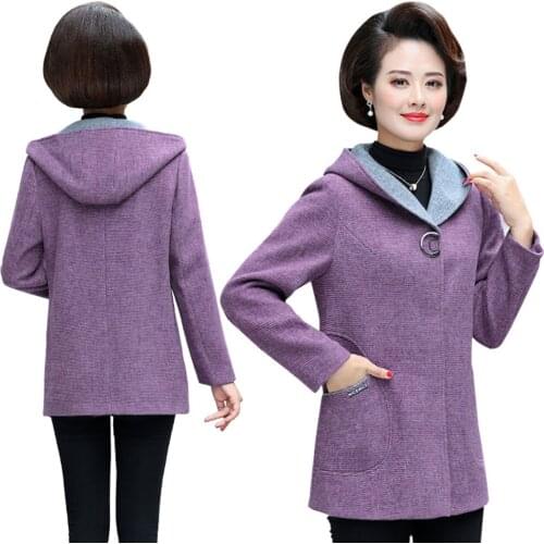 Middle-aged Womens Coat Fall Winter Fashion Woolen Jacket Mid-Long Hooded Casual Blended Wool Outerwear Overcoat Mother Dress