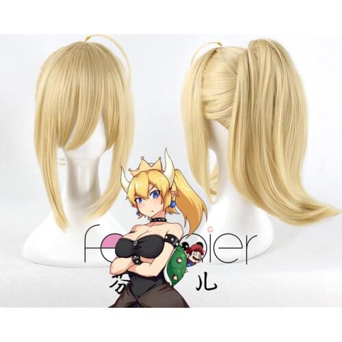 Bowsette Princess Bowser Peach Saber Lily Cosplay Wig Blonde Clip Ponytail Hair
