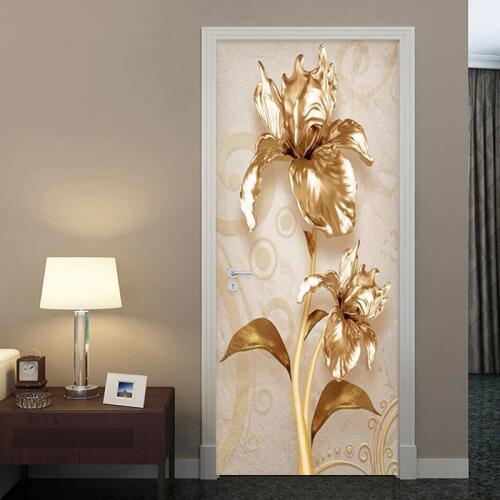 PVC Self-Adhesive Waterproof Door Sticker Wallpaper 3D Luxury Golden Flower Murals European Style Living Room Home Decor Sticker