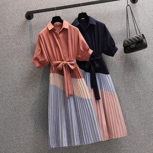Plus size office Ladies Elegant Pleated Dresses Summer Short Sleeve Color Patchwork Long Dresses Korean High Waist Vestidos 4XL