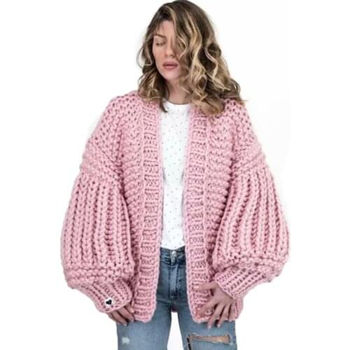 Luxury Hand Knit Cardigan Sweater Hook V-Neck Coarse Wool Jacket Lazy Crocheted Coat Rough Lantern Sleeved Batwing Outwear Tops