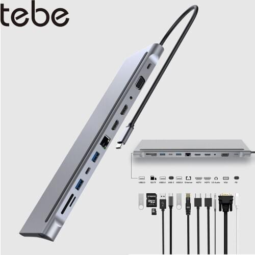 Tebe MST USB C Hub Type-c to HDMI VGA Multi USB RJ45 Splitter 3.5mm Aux USB PD Charger For Macbook Air SD TF Card Readers