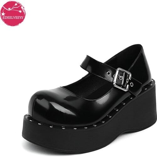 Women Wedges Heel Goth Mary Janes Platform Shoes Round Toe Buckle Ankle Strap Patent Leather Dress Pumps Comfort School Cosplay